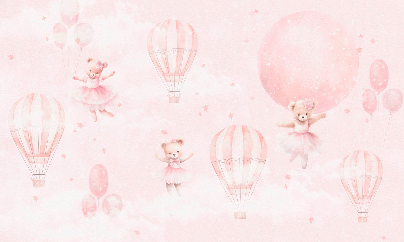 A pink background with teddy bears and hot air balloons
