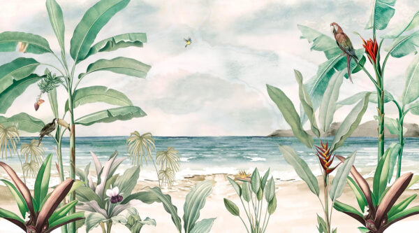 Een schilderij van een strand met planten en een vogel die vliegt Een schilderij van een strand met planten en een vogel die vliegt