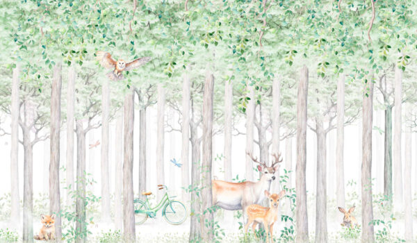 Een schilderij van dieren in een bos Een schilderij van dieren in een bos