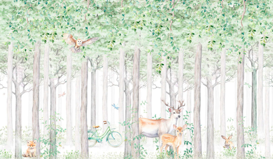 Een schilderij van dieren in een bos