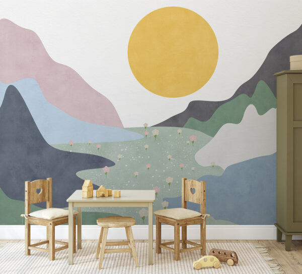 Fotobehang Fotobehang Een landschap met bergen en bloemen (Artikelnummer: u97620)