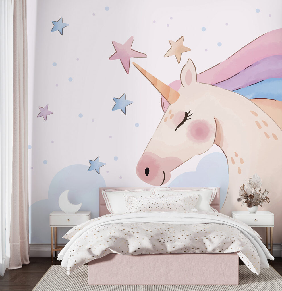 A unicorn with stars and clouds