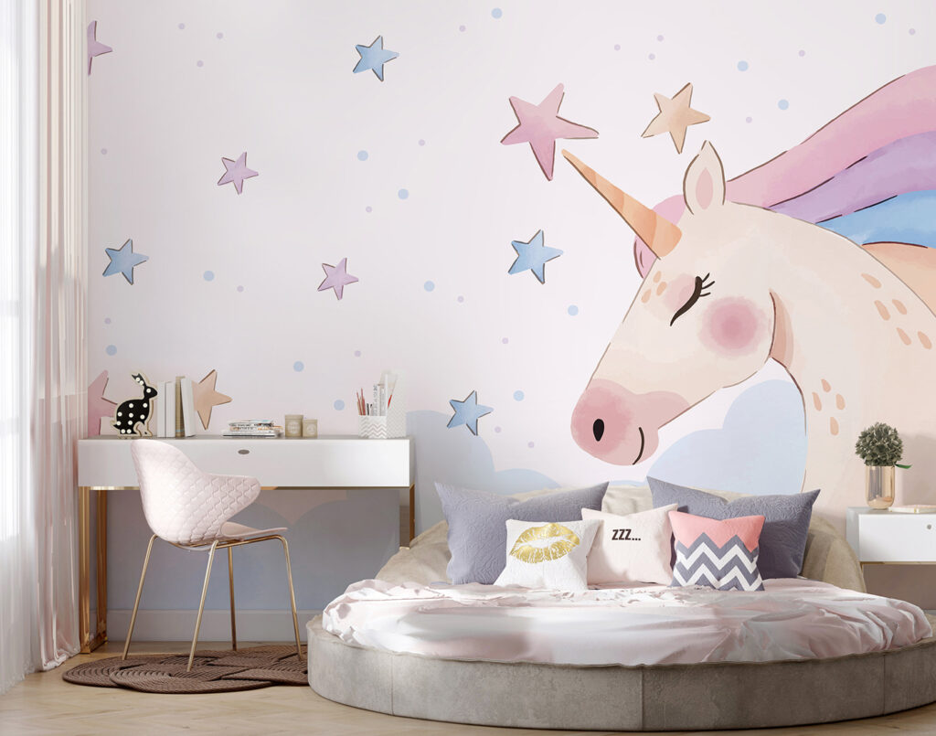 A unicorn with stars and clouds