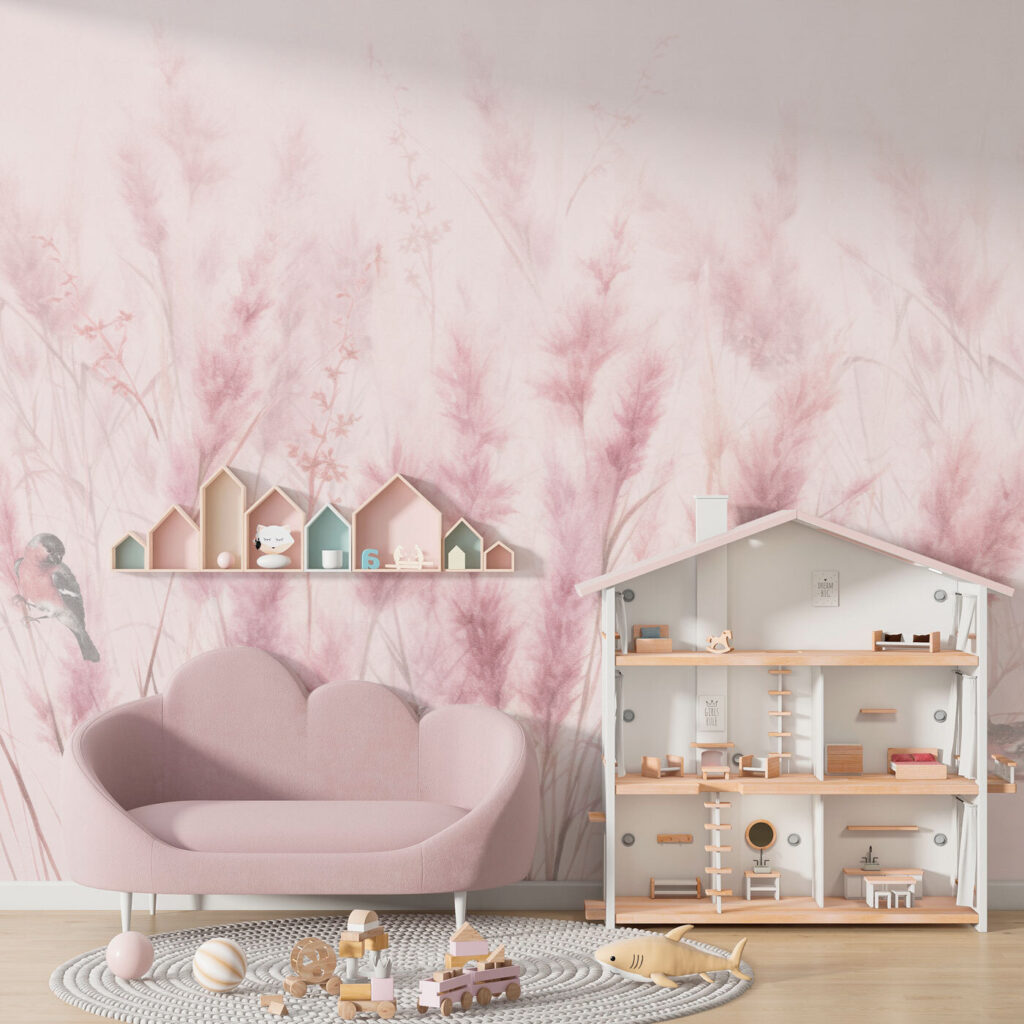 A group of birds in a field of pink grass