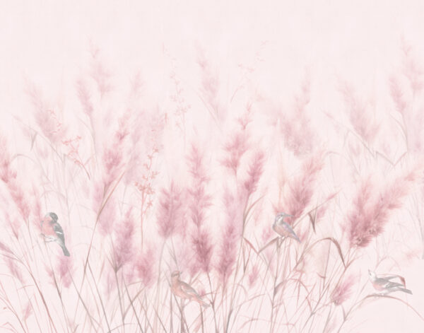 Een groep vogels in een veld met roze gras Een groep vogels in een veld met roze gras
