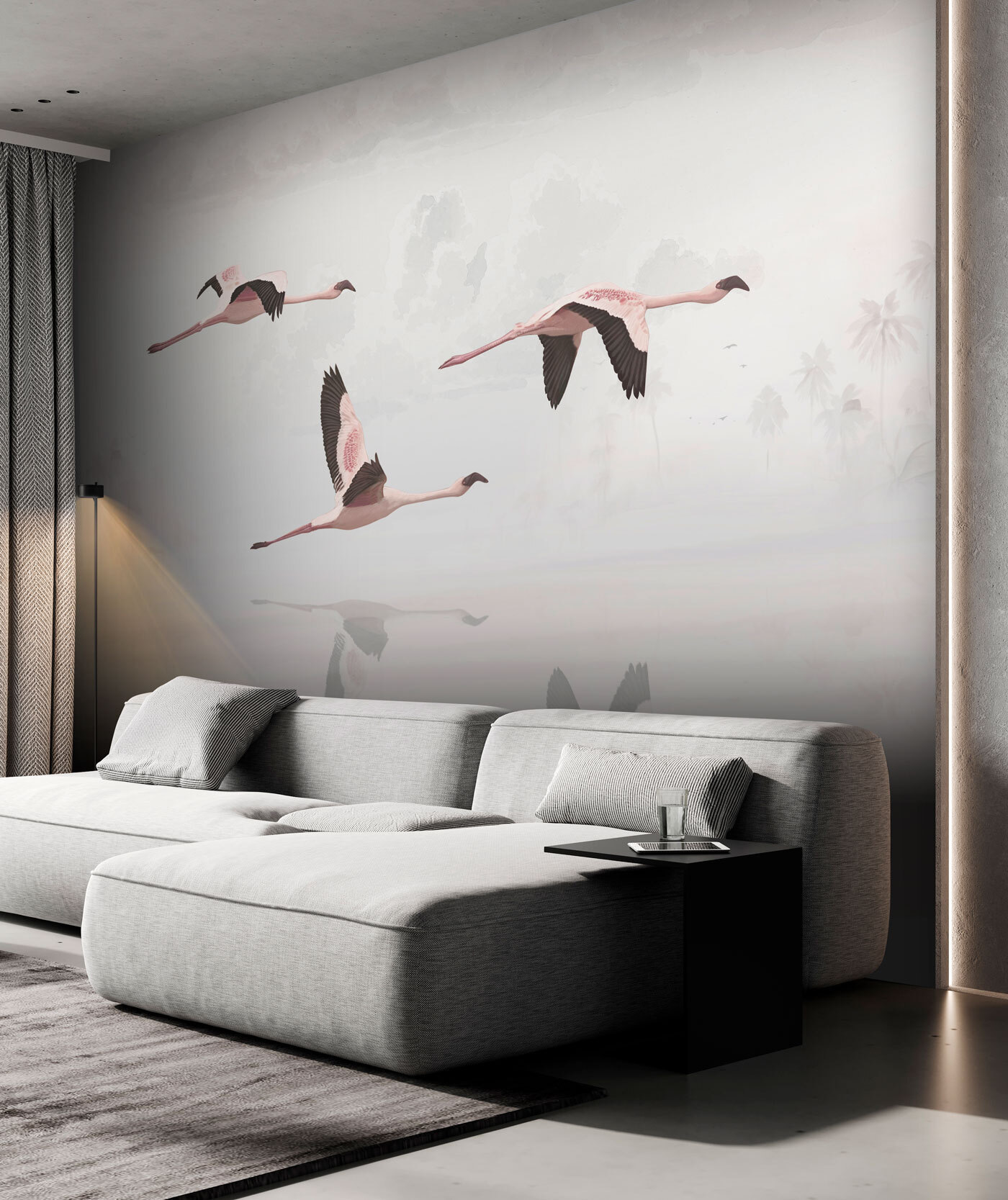 A group of flamingos flying over water A group of flamingos flying over water