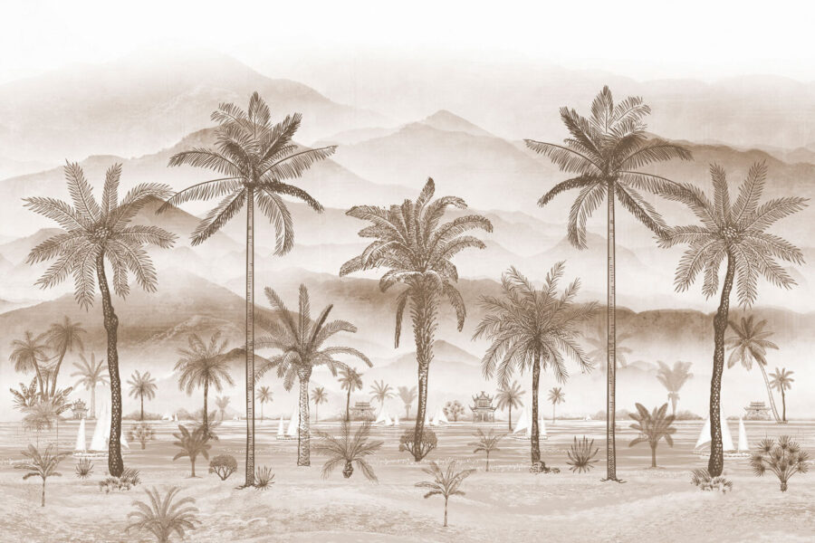 Een tekening van palmbomen en bergen
