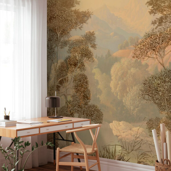 Een schilderij van een rivier en bomen Een schilderij van een rivier en bomen