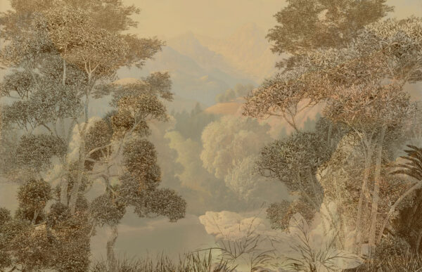 Een schilderij van een rivier en bomen Een schilderij van een rivier en bomen