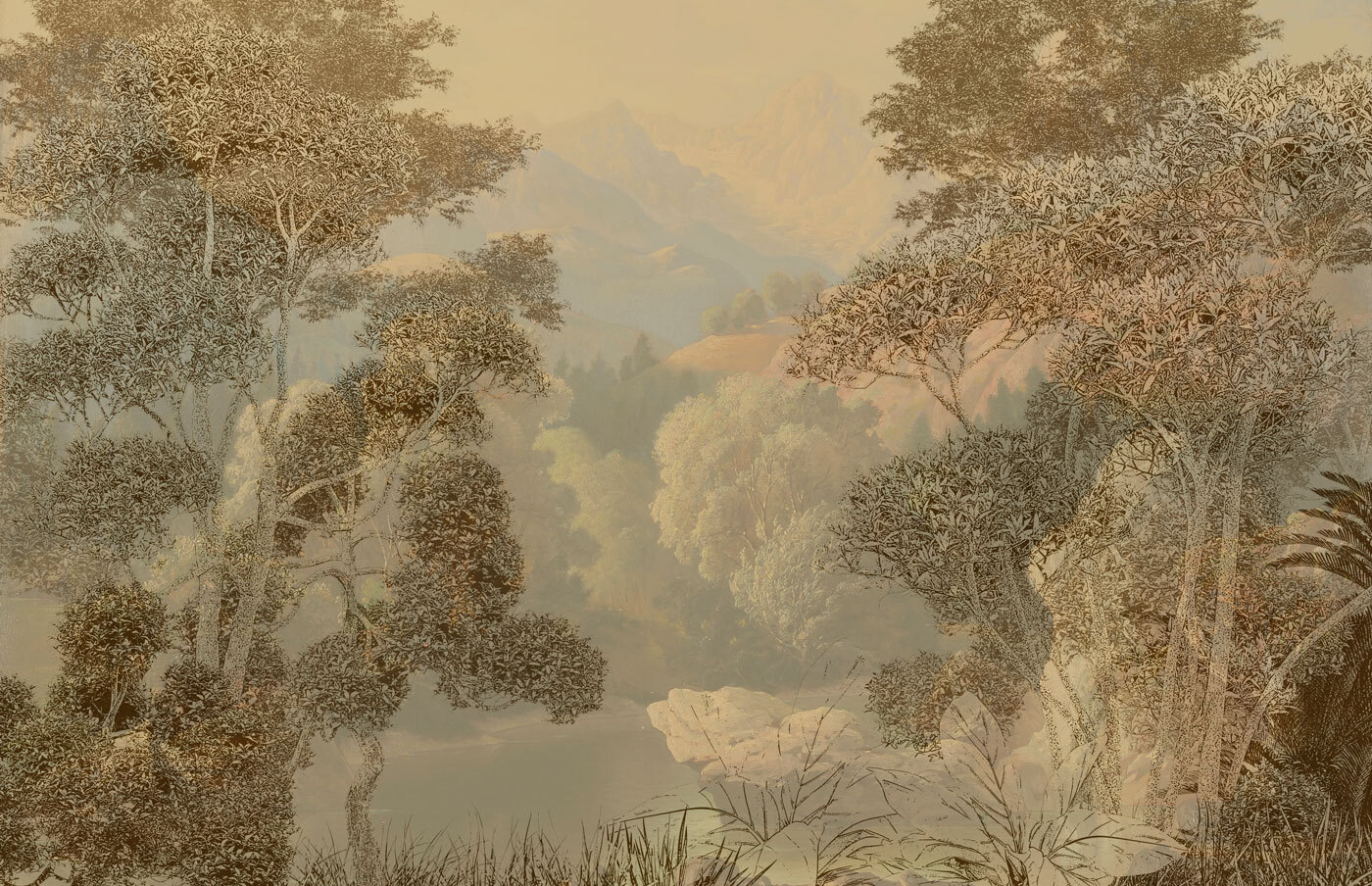 A painting of a river and trees