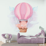 Fotobehang Een cartoonvos in een heteluchtballon