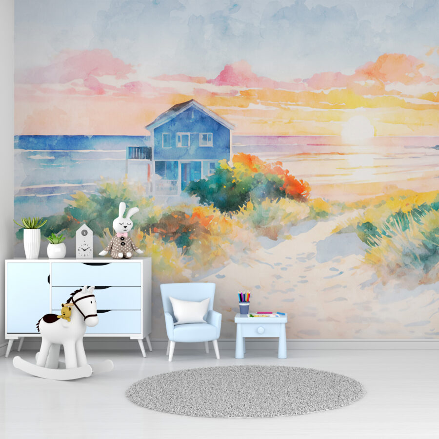 Aquarel van een huis en een strand