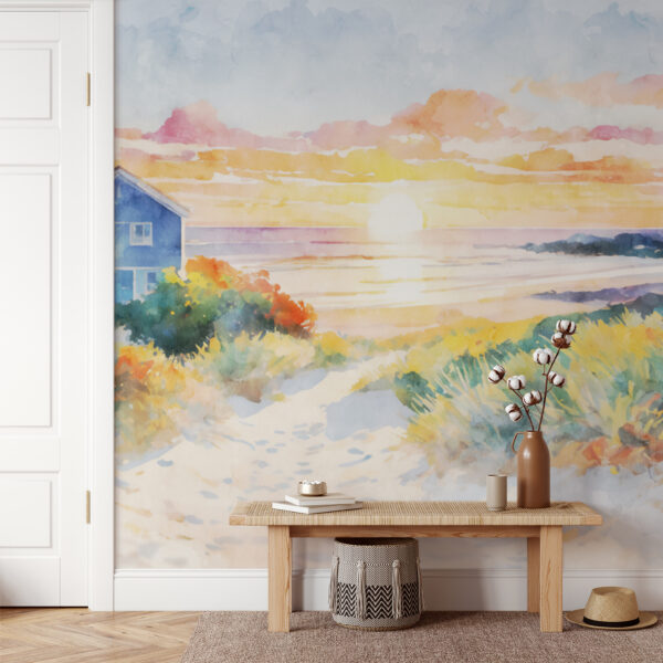 Aquarel van een huis en een strand Aquarel van een huis en een strand