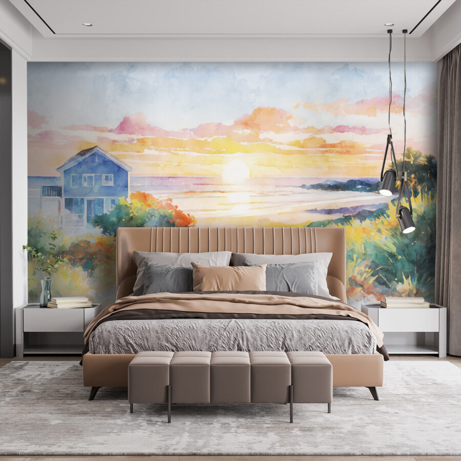Aquarel van een huis en een strand