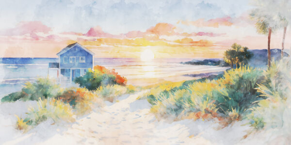 Aquarel van een huis en een strand Aquarel van een huis en een strand