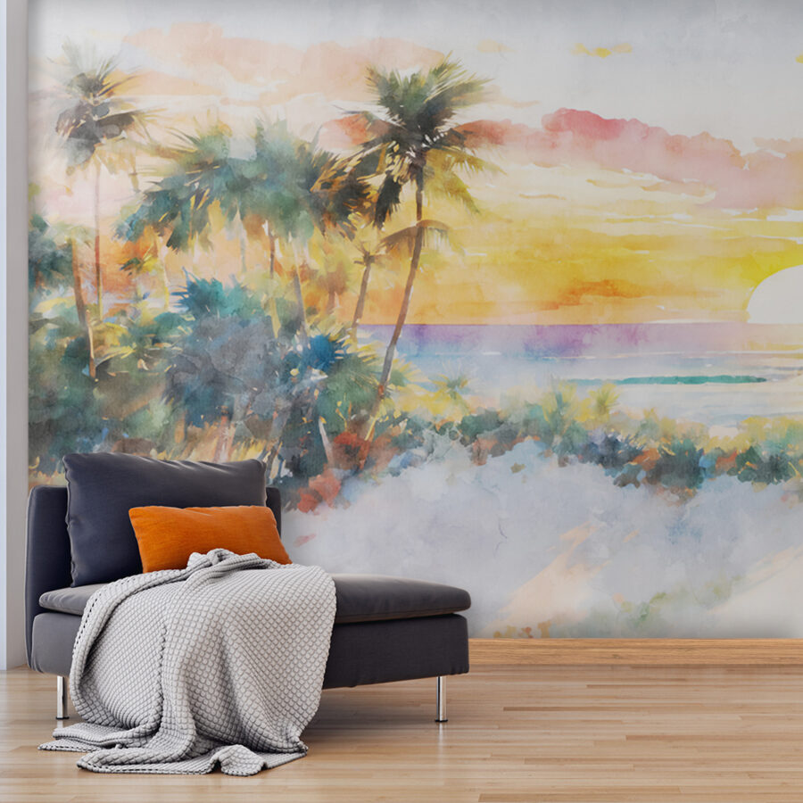 Aquarel van een strand met palmbomen en een zonsondergang