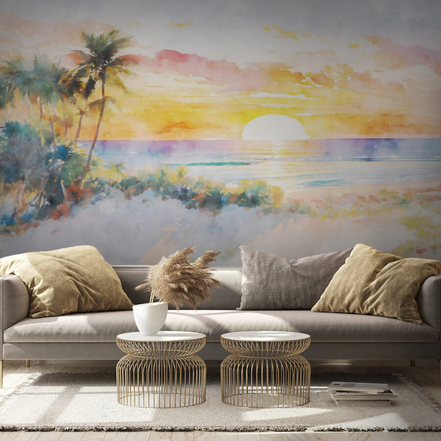 Aquarel van een strand met palmbomen en een zonsondergang