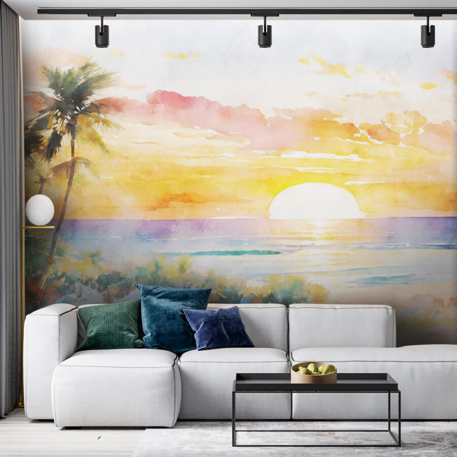 Aquarel van een strand met palmbomen en een zonsondergang