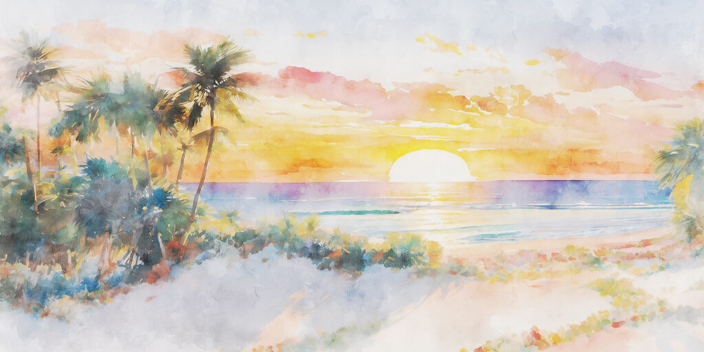 Aquarel van een strand met palmbomen en een zonsondergang Aquarel van een strand met palmbomen en een zonsondergang