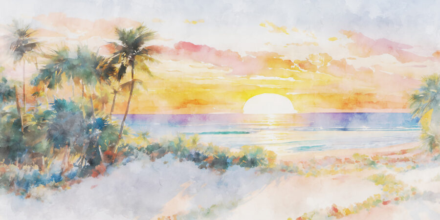 Aquarel van een strand met palmbomen en een zonsondergang