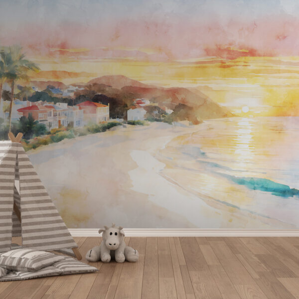 Aquarel van een strand met huizen en een watermassa Aquarel van een strand met huizen en een watermassa