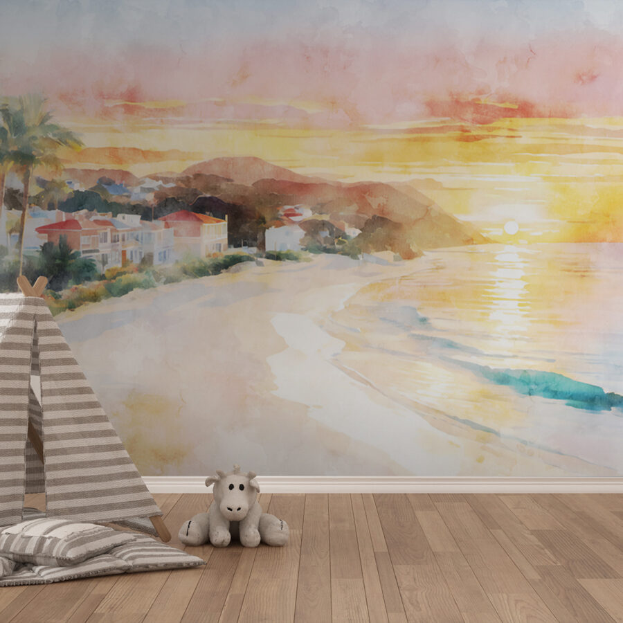 Aquarel van een strand met huizen en een watermassa