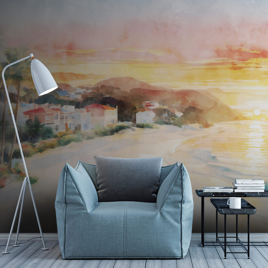Aquarel van een strand met huizen en een watermassa