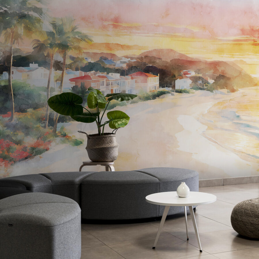 Aquarel van een strand met huizen en een watermassa