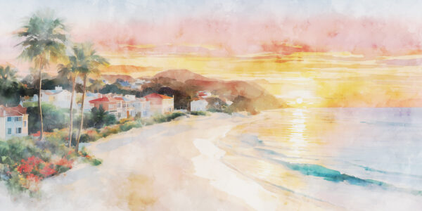 Aquarel van een strand met huizen en een watermassa Aquarel van een strand met huizen en een watermassa