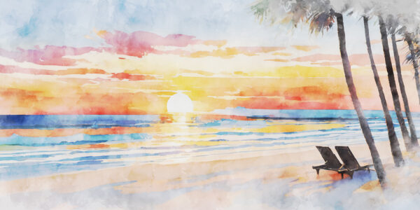 Aquarel van een strand met zonsondergang Aquarel van een strand met zonsondergang