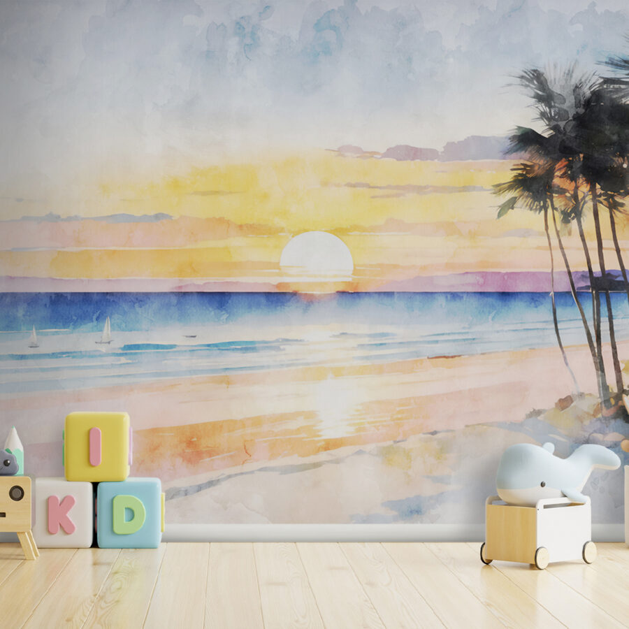 Aquarel van een strand met palmbomen en een zonsondergang