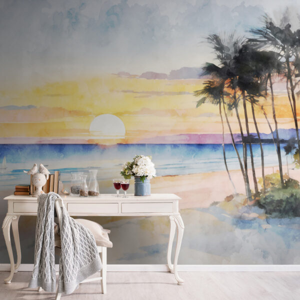 Aquarel van een strand met palmbomen en een zonsondergang Aquarel van een strand met palmbomen en een zonsondergang