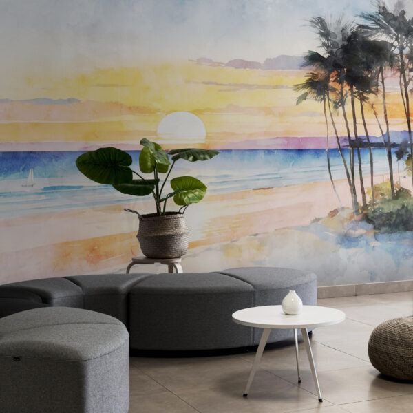 Aquarel van een strand met palmbomen en een zonsondergang Aquarel van een strand met palmbomen en een zonsondergang