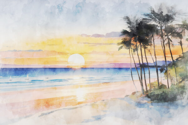 Aquarel van een strand met palmbomen en een zonsondergang Aquarel van een strand met palmbomen en een zonsondergang
