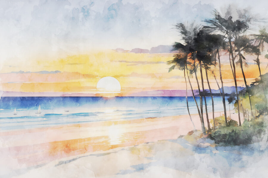 Aquarel van een strand met palmbomen en een zonsondergang