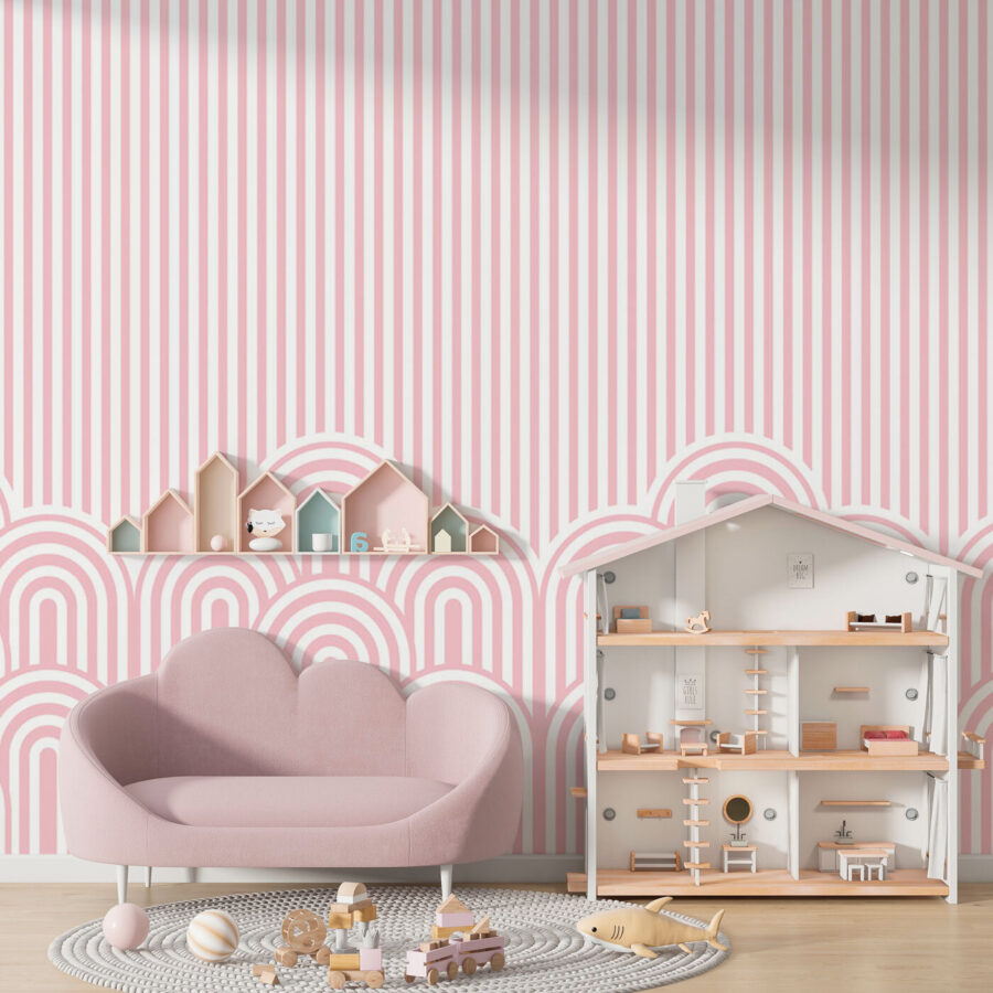 Roze en wit gestreept behang