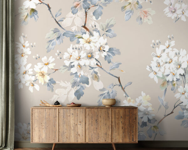 Bloemenpatroon van witte bloemen en blauwe bladeren Bloemenpatroon van witte bloemen en blauwe bladeren