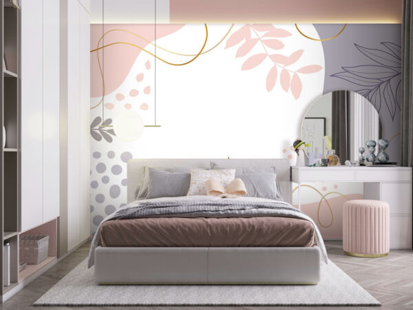 Witte achtergrond met roze en blauwe en paarse vormen en bladeren Witte achtergrond met roze en blauwe en paarse vormen en bladeren