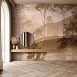 Fotobehang Mistig landschap met bomen en heuvels