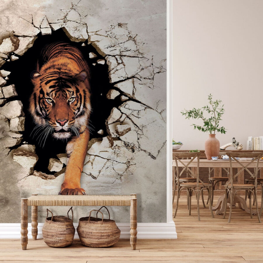 Tijger komt uit een gat in een muur
