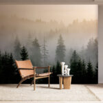 Fotobehang Mistig bos met bomen