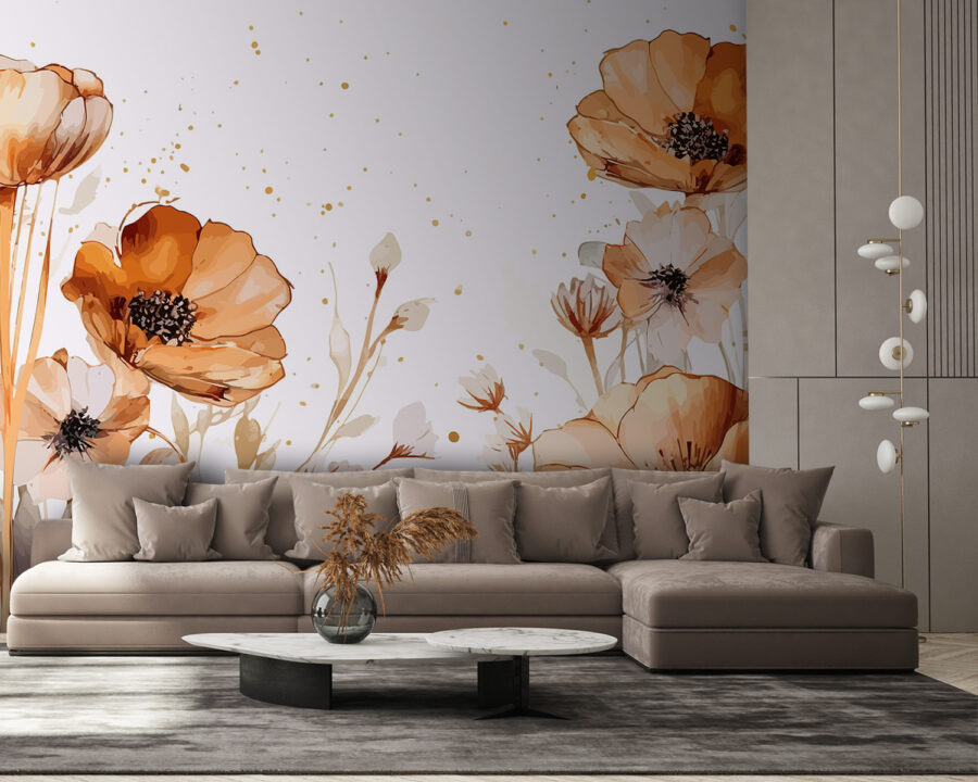 Fotobehang Schilderij van bloemen en bladeren