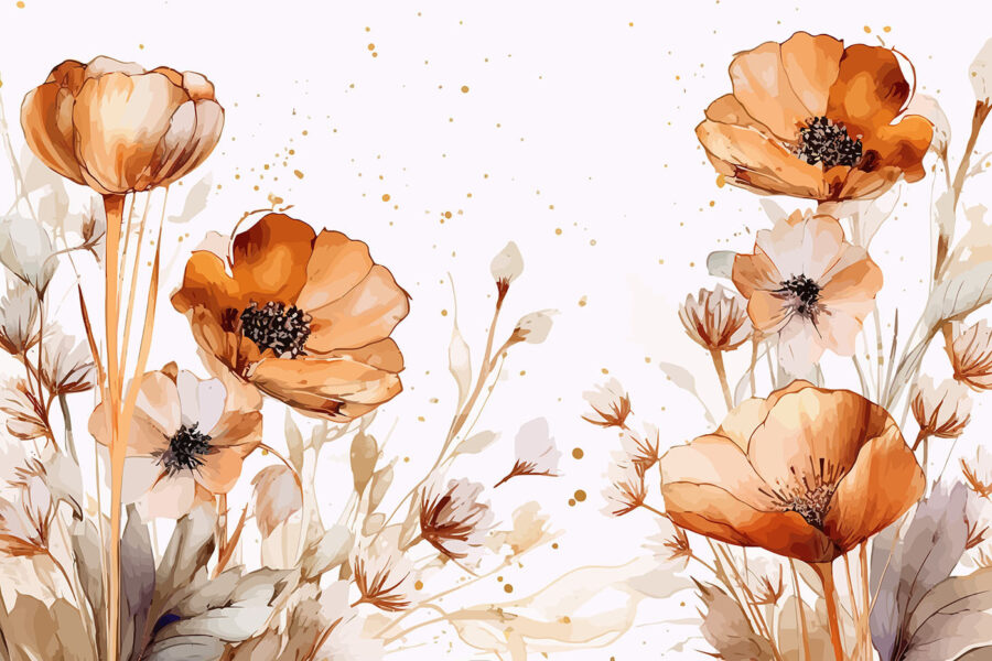 Fotobehang Schilderij van bloemen en bladeren - Afbeelding 3