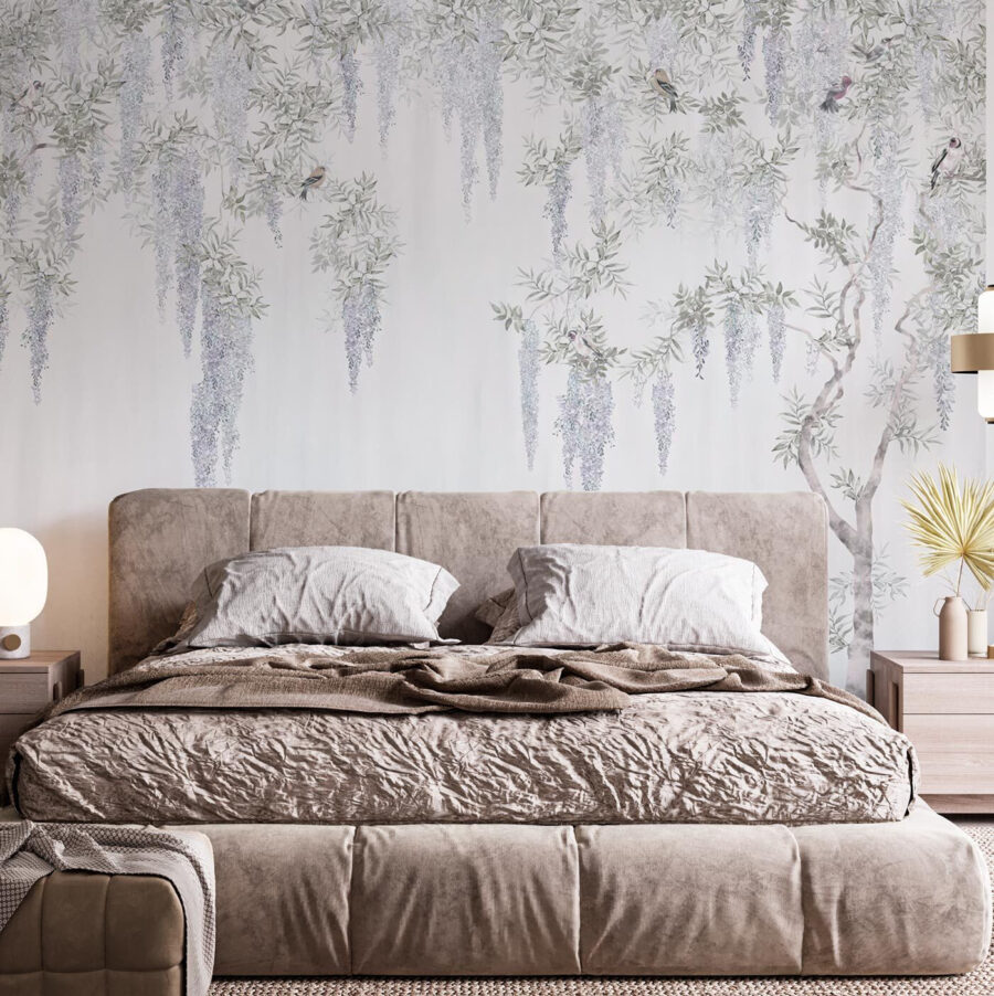 Behang met bloemen en vogels