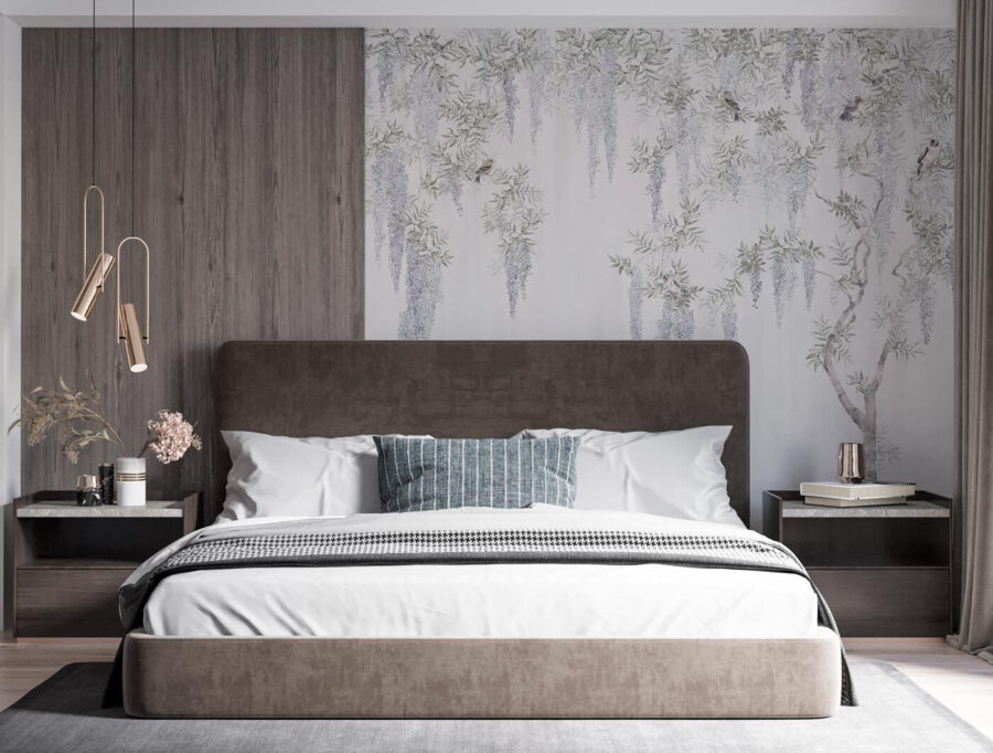 Behang met bloemen en vogels