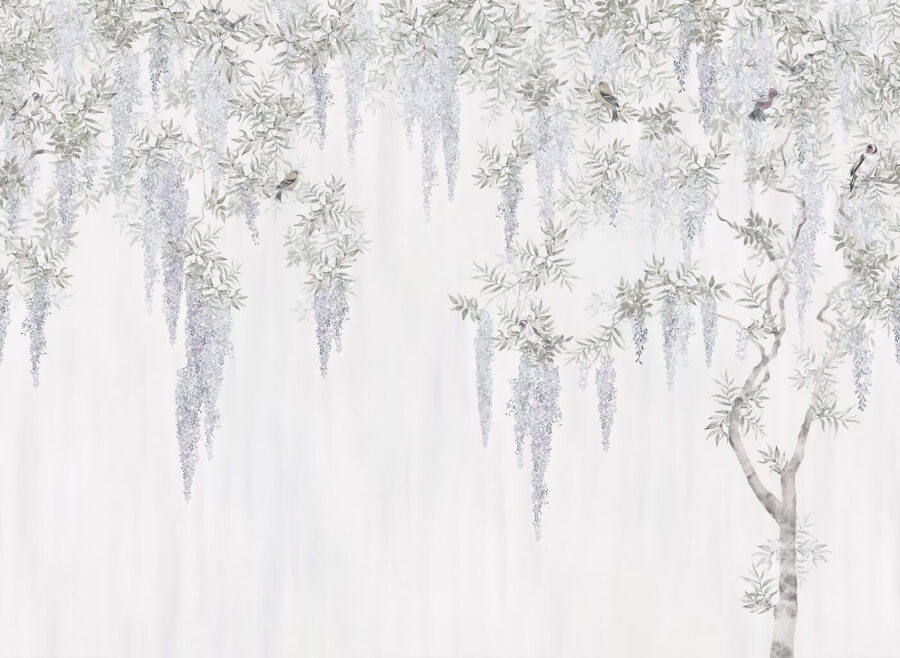Behang met bloemen en vogels