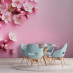 Fotobehang Groep roze bloemen op roze achtergrond