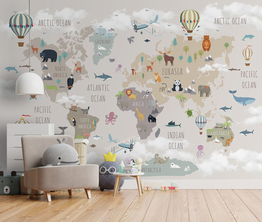 Wereldkaart met dieren en vogels