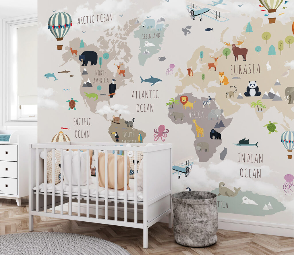 Map of the world with animals and birds