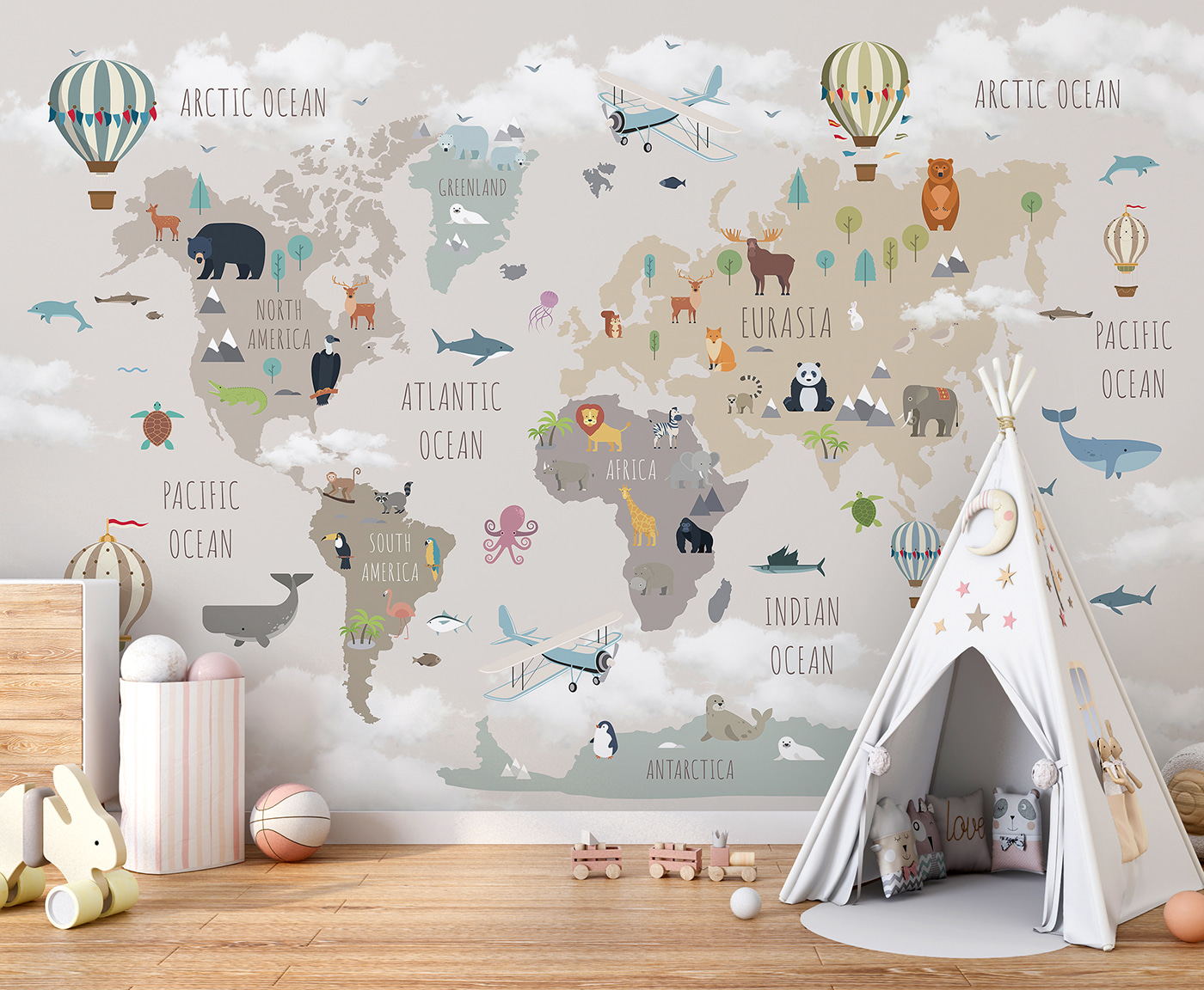 Map of the world with animals and birds
